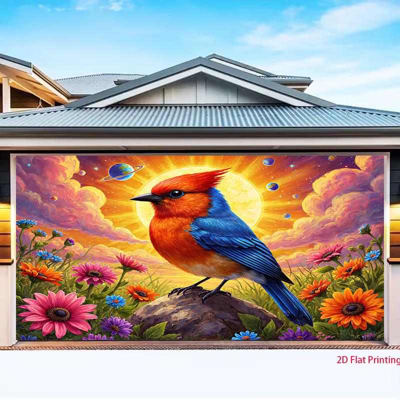 2D Fantasy Bird Art Tapestry, Colorful Bird on a Rock in a Flower Field with Nebula Clouds