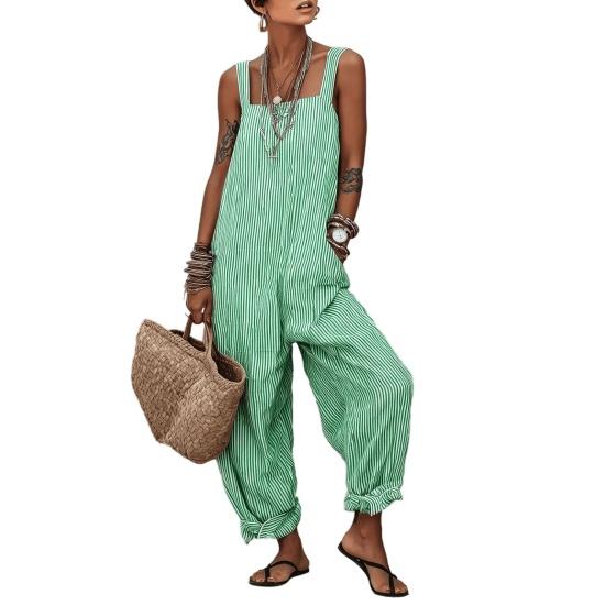 Loose Striped Wide Leg Jumpsuit for Women Square Neck Sleeveless Wide Leg Rompers M зелёный