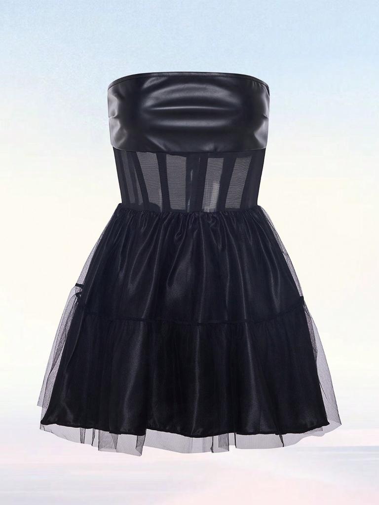 Rose Beauty A Grunge Punk Mesh Splicing PU Leder Entbeint Rückenfrei Rüschensaum Puffy Korsett Party Tube Kleid Halloween Kleidung