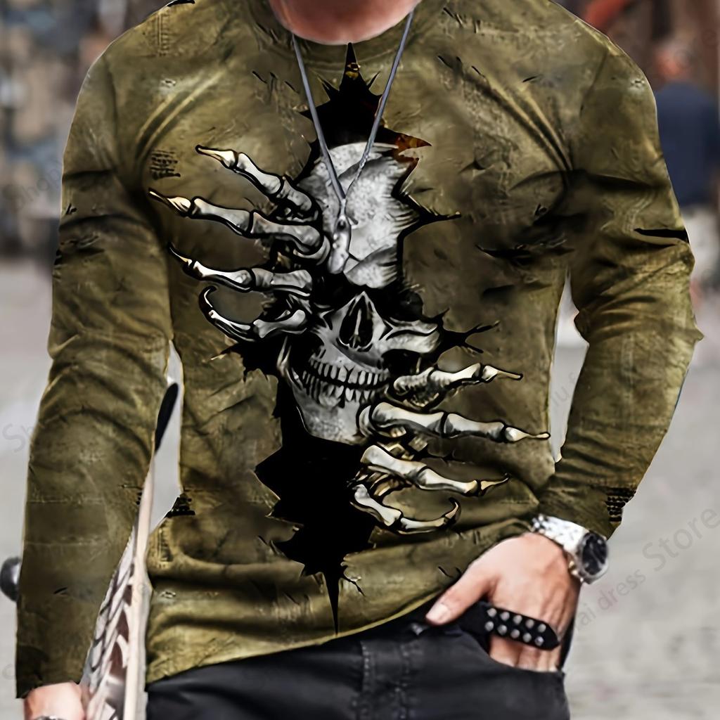 Halloween Men's Long Sleeve T-shirt 3d Skull Skeleton Print Graphic T Shirts Men Fashion Hip Hop Tops Tees Men's Clothing Horror