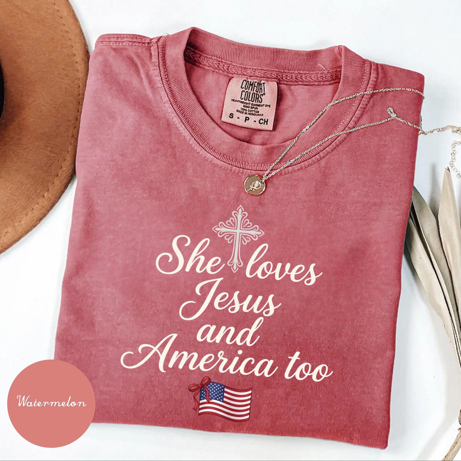 She Loves Jesus And America Too Comfort Colors Shirt, Minimalist 4th Of July Tee Christian Patriotic Tee, Faith Based USA Flag Shirt 4XL