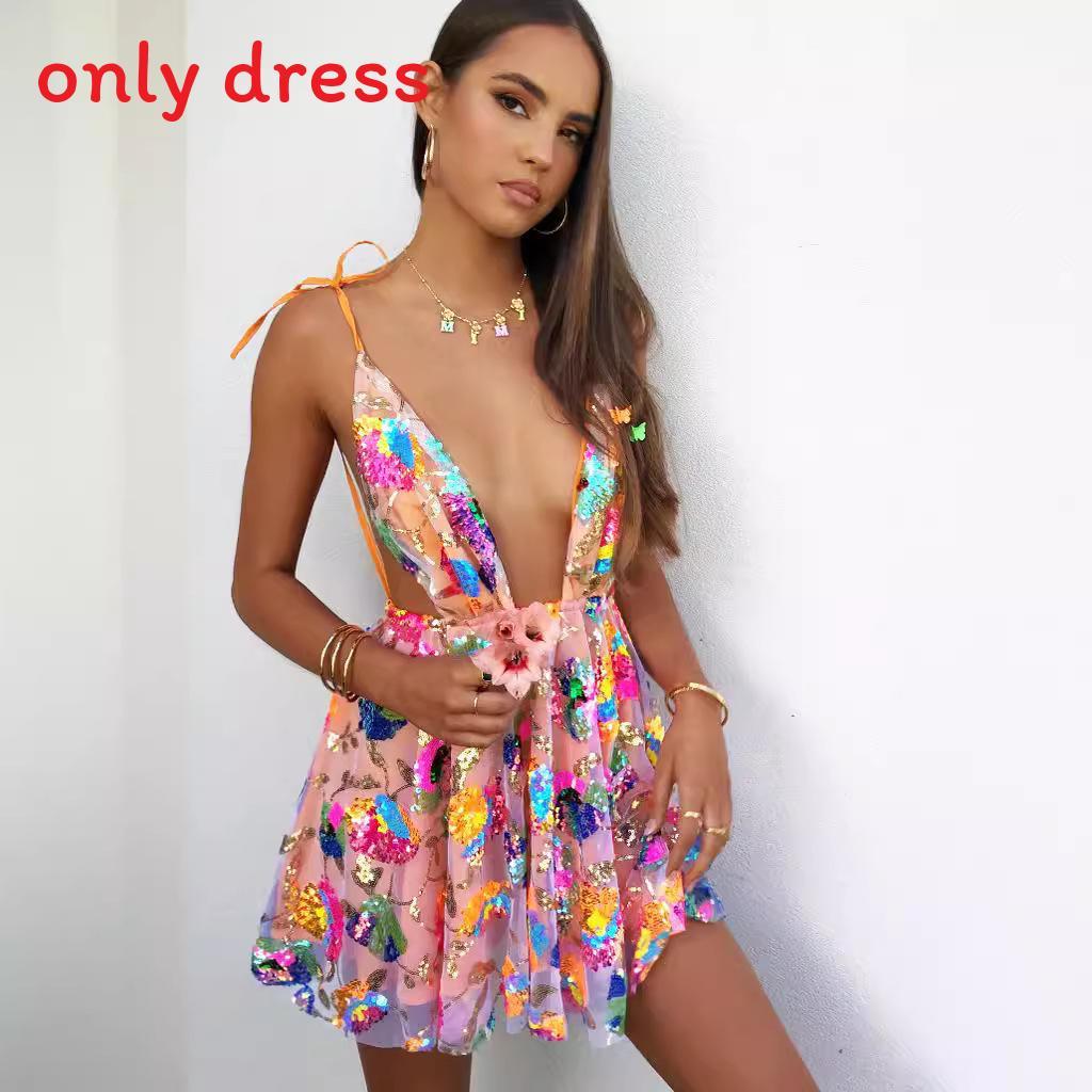 Elegant Polyester Sequin Short Dress With Vneck And Backless Design For Summer Party Wear
