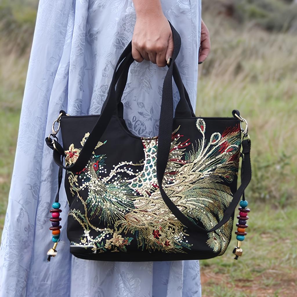 Ethnic Style Bag Embroidered Large Capacity Shoulder Strap Crossbody Bag Retro Canvas Embroidered Single Shoulder Handbag