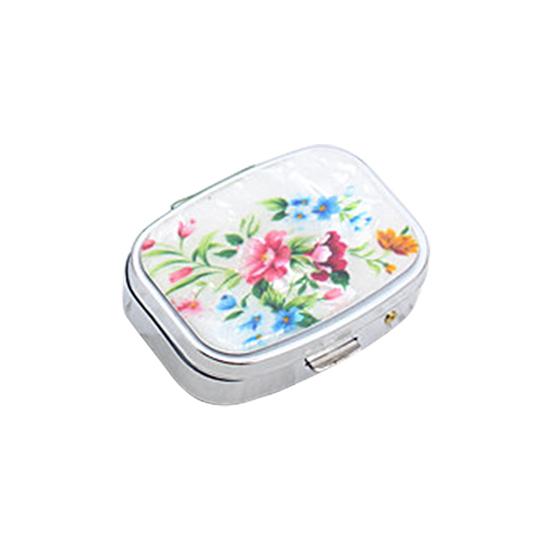 Metal Pill Box with Mirror Reusable Compact Portable Classified Store Pills Flower Print Oblong Shape Large Capacity Pill Organizer for Travel