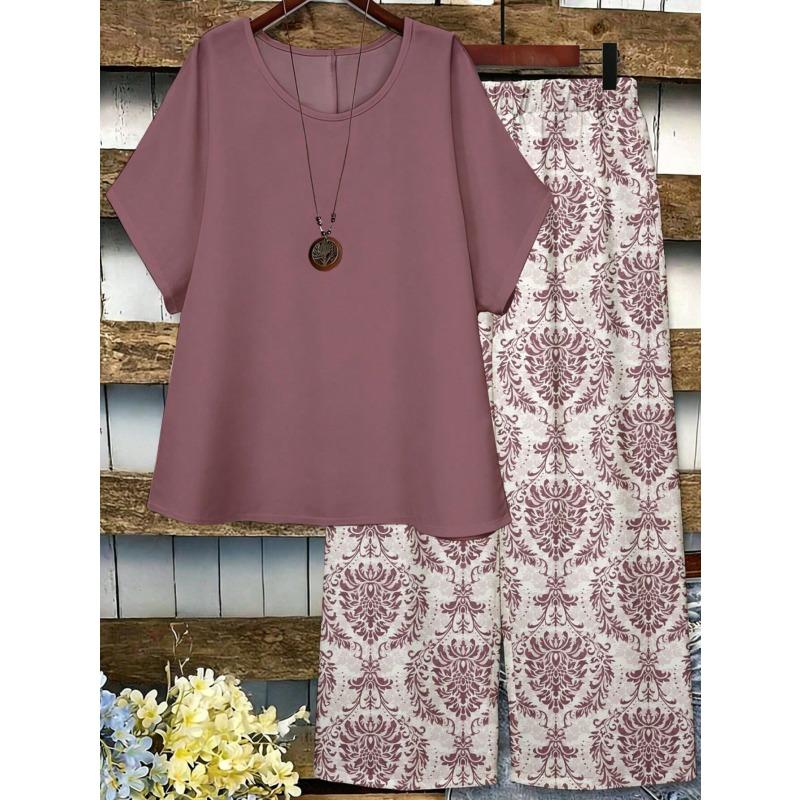 Women's Plus-size Summer New Style Casual Short-sleeved Printed Wide-leg Pants Top and Pants Two-piece Set