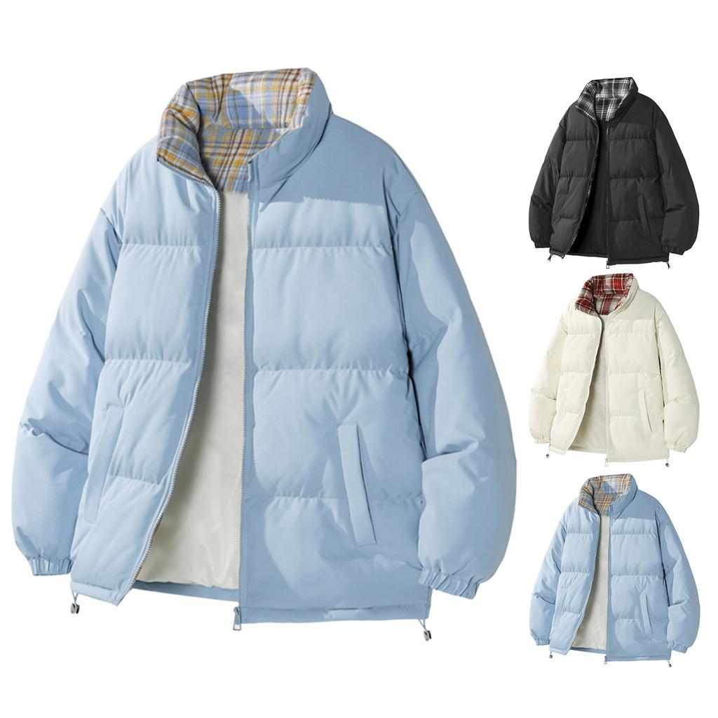 Men's And Women's Inner And Outer Color-matched Checkered Stand-up Collar Bread Cotton-padded Jacket, Men's Fleece Thickened Warm Cotton-padded Jacket