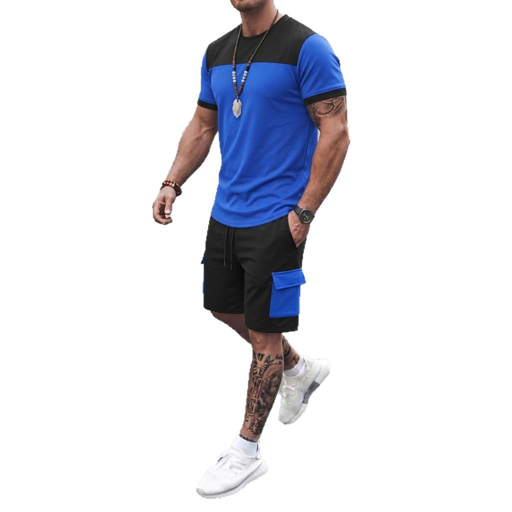 Men Color Block Casual Round Neck Short Sleeve T Shirt Cargo Shorts Two Piece Set