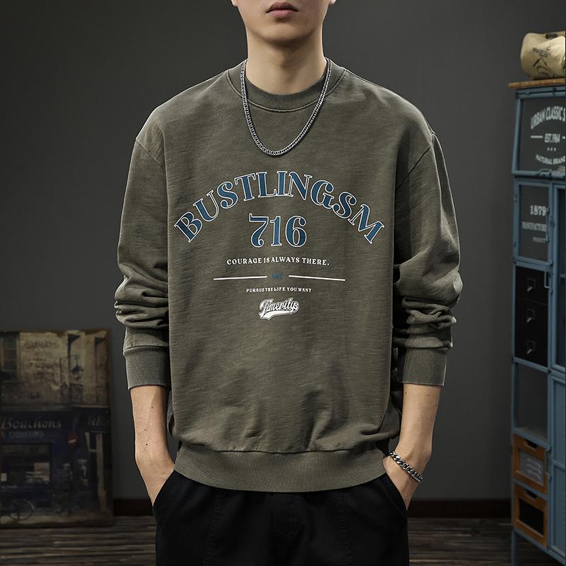 

Осенний тяжелый бамбуковый хлопок стираный свитер мужской американский ретро-принт с длинными рукавами свободная хлопковая нижняя рубашка Tide 4XL темно-коричневого