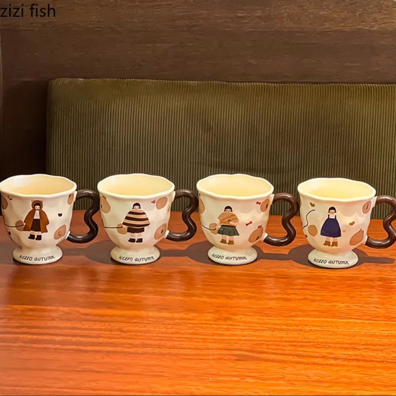 Vintage Girl Ceramic Coffee Cup with Cover Spoon Goblet Water Cup High Footed Breakfast Cups Milk Tea Cups Milk Mug Juice Mug