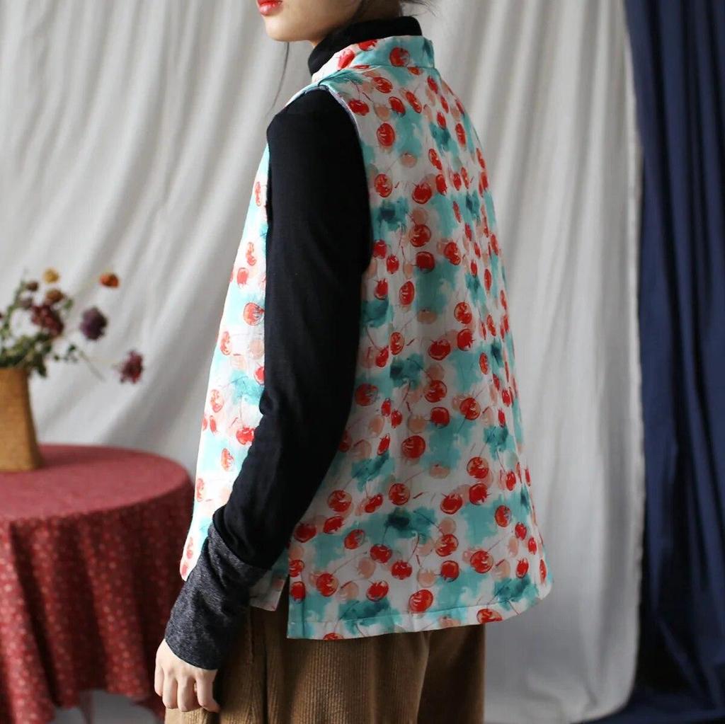 Johnature Gilet da donna vintage con bottoni cappotti con stampa floreale e vestiti in cotone Gilet da donna in stile cinese primaverile