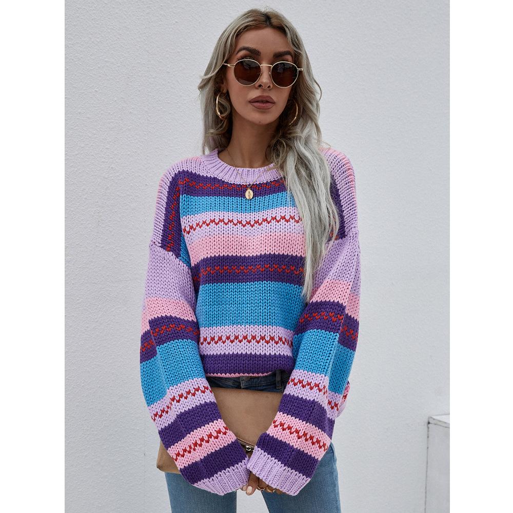 Autumn New Women's Clothing Rainbow Intercolor Knitted Sweater Pullover Women's Clothing Loose Sweater Women