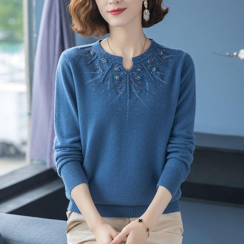 Autumn Solid Color Round Neck Long Sleeve Cashmere Sweater Women Vintage Embroidered Rhinestone Pullovers All-match