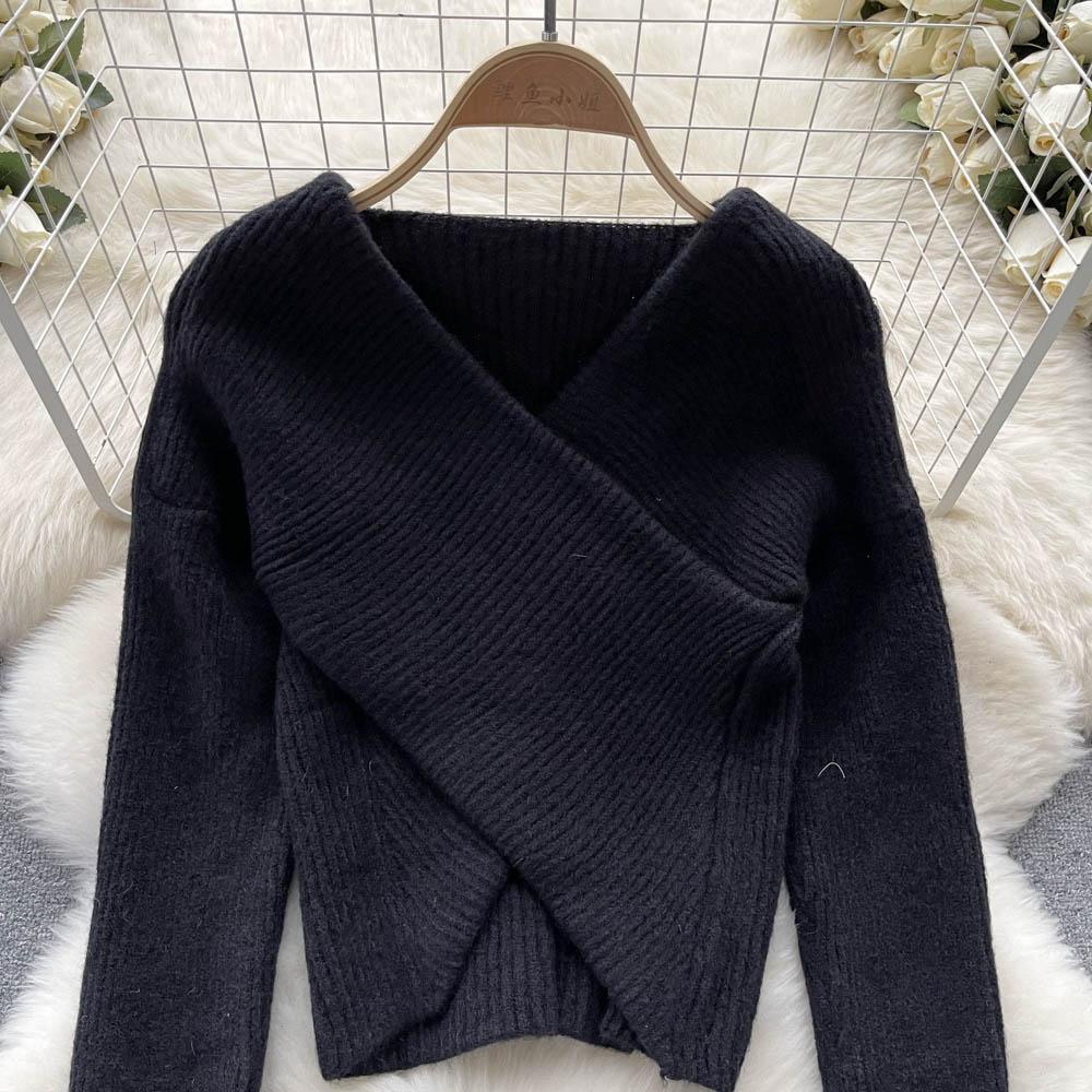 Herbst und Winter Koreanische Kreuz V-ausschnitt Unregelmäßige Lose Dünne Faul Wind Temperament Gestrickte Pullover