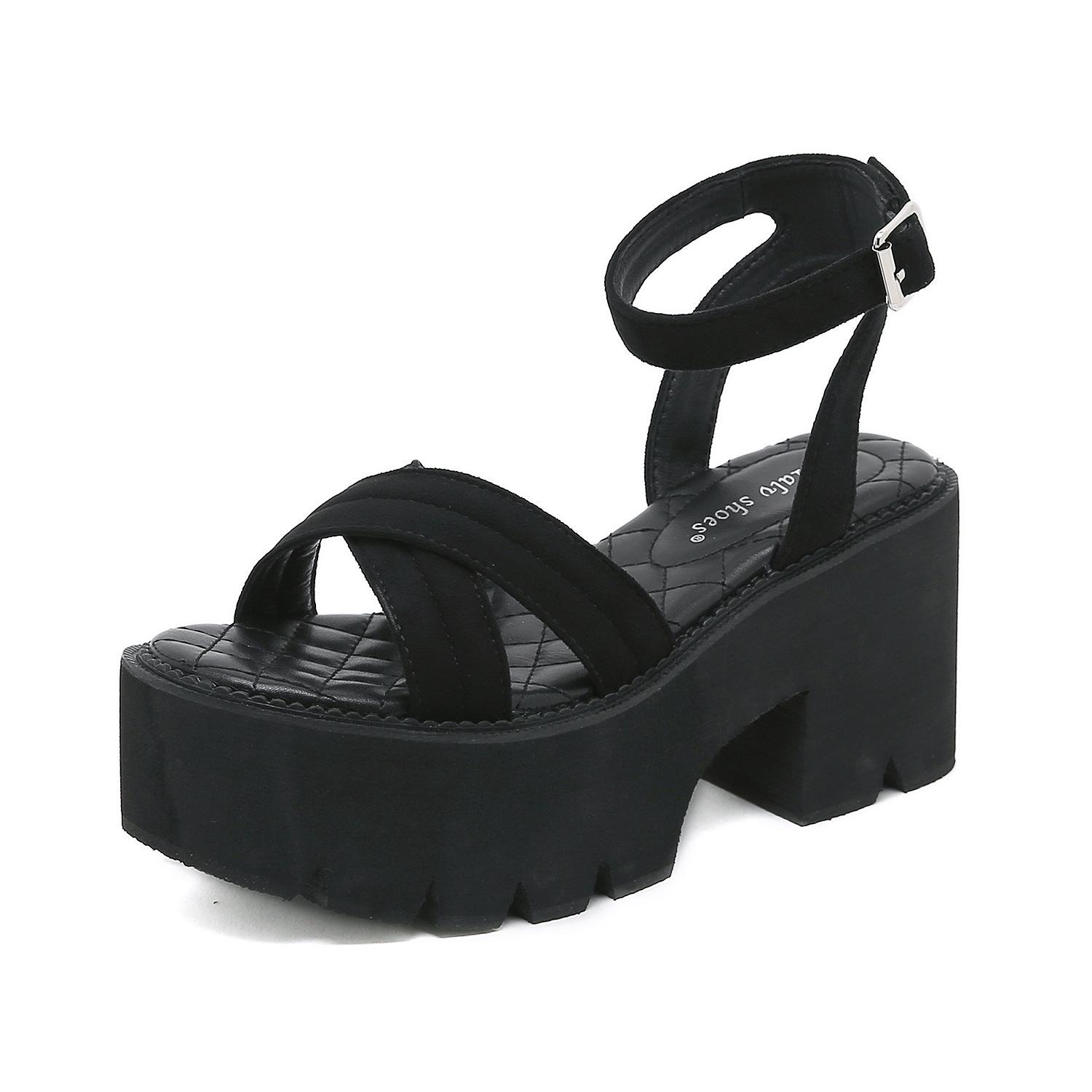 

Большой размер маффиновый низ ночной клуб перекрестный ремешок повседневные толстая подошва толстый высокий каблук мягкая подошва сандалии 43 чёрный