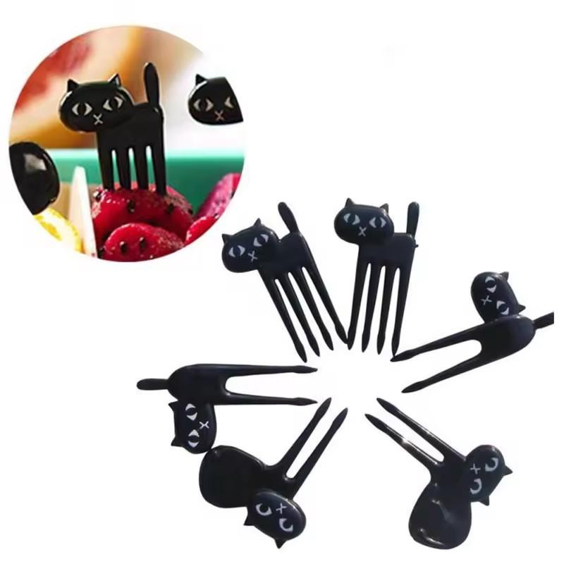 6pcs/Set Black Cat Fruit Fork Mini Cartoon Snack Cake Dessert Food Forks Bento Lunches Accessories Kitchen Utensils For Children