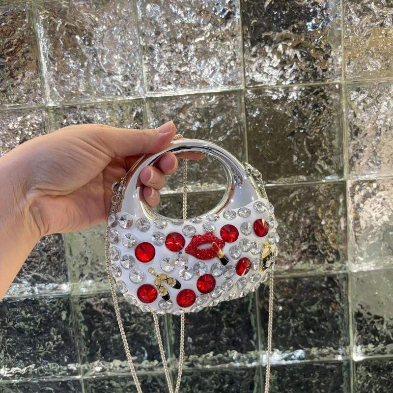 Acrylic Rhinestone Evening Handbag Women Gold Lip Shape Clutch Bag Hard Shell Box Style With Magnet