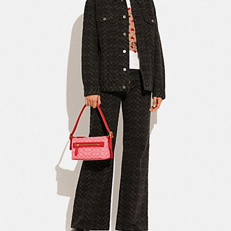 Coach Demi 23 Classic Monogram Zipper Closure Jacquard Fabric And Recycled Leather Shoulder Bag Women Shoulder Bag Red CE736-B4V2T