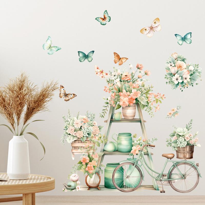 Cartoon Cat Flowers Potted Plants Wall Stickers Fake Windows Warm Bedside Bedroom Decorative Decal Stickers Wallpaper