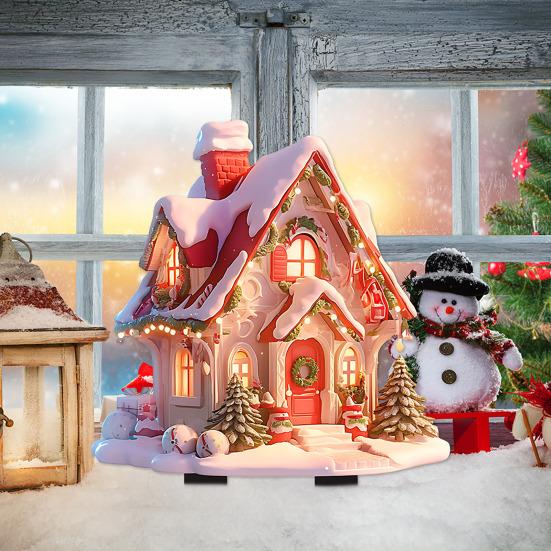 Christmas Snowy House Stake Acrylic Garden Decorative Stake Winter Village House Xmas Outdoor Decor Stake for Patio Lawn
