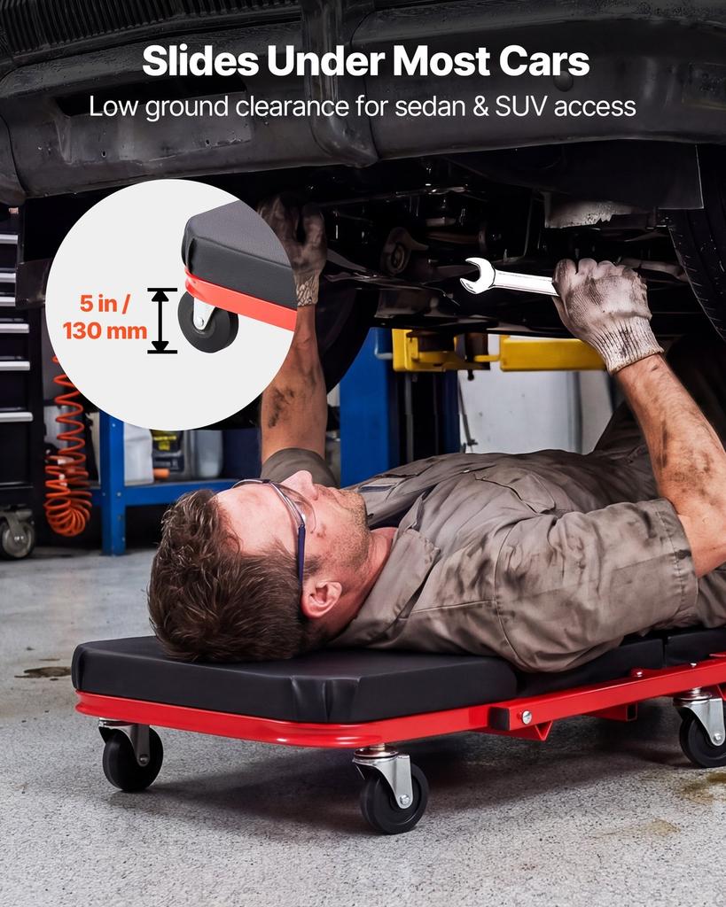 1010mm 2-in-1 Folding Mechanic Creeper, Z Creeper Seat & Under Car Garage Roller, 204 kg Rolling Creeper Stool with 6 Swivel Casters, Padded Headrest