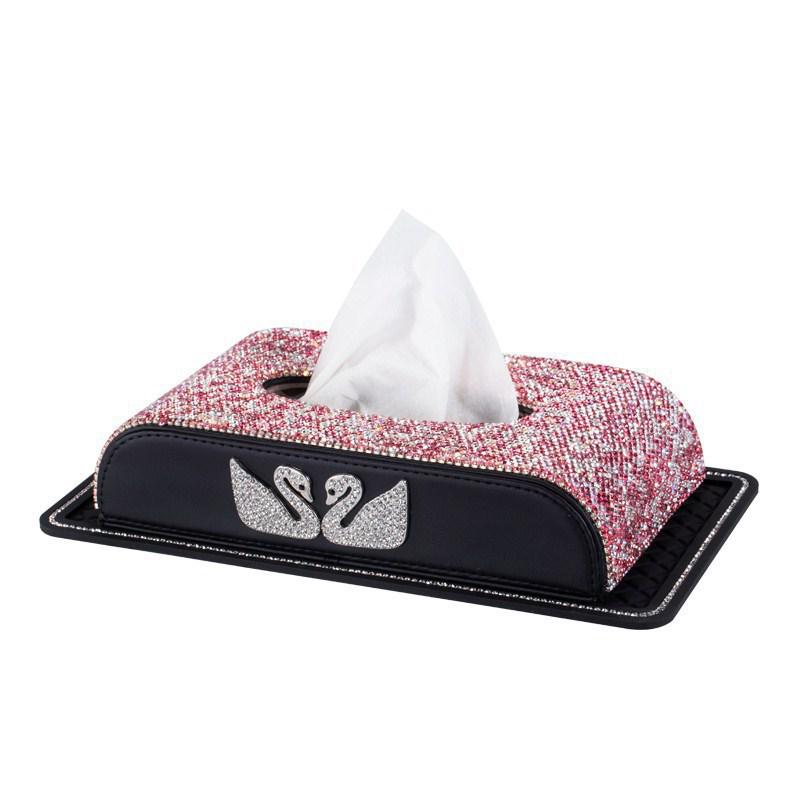 Swan Cartoon Car Tissue Box with Diamond Accents - Creative Cute Design