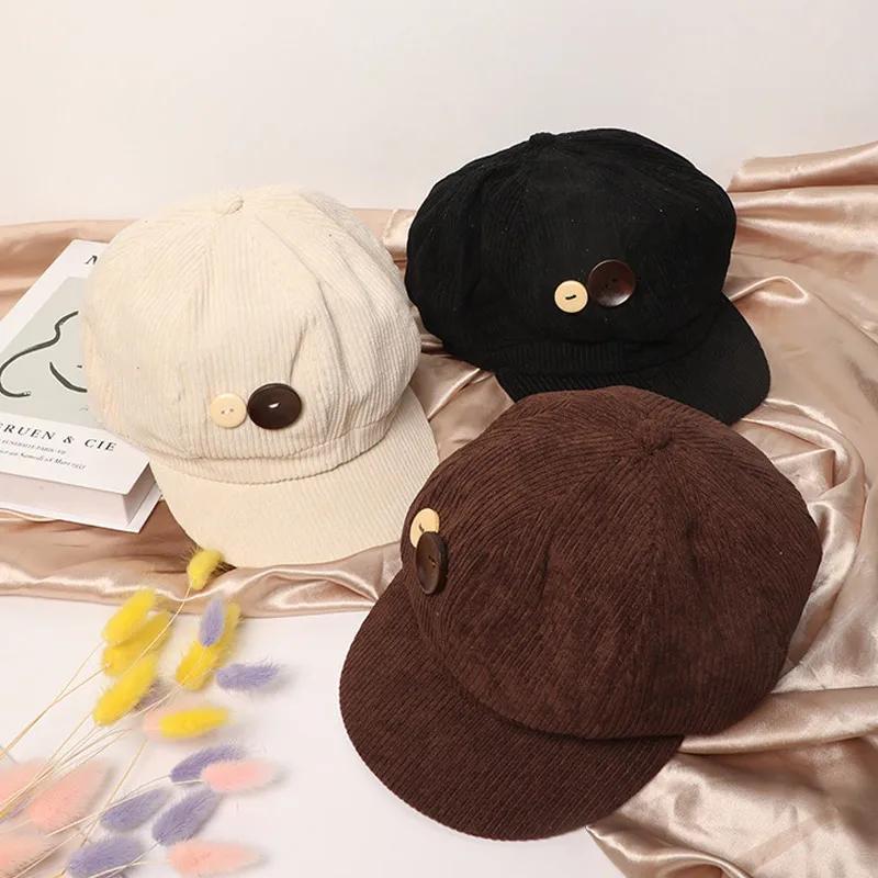 Retro Button Corduroy Octagonal Cap For Women Painter Artist Hat Japanese Girls Brown Peaked Caps Autumn Winter Berets