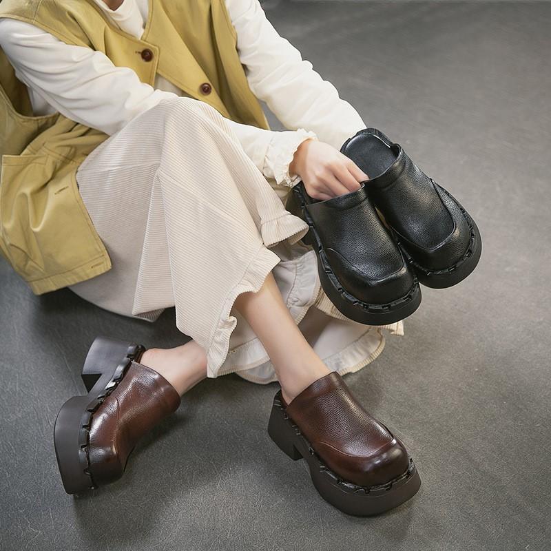 Johnature British Style Genuine Leather Round Toe Thick Heel Slippers Comfortable Thick Soled Women's Shoes