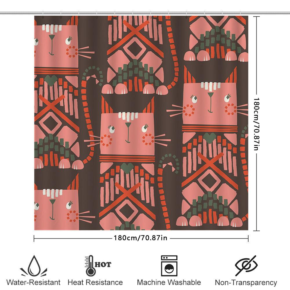 Vintage Geometric Cat Shower Curtain Pink Brown Modern Boho Decor Bathroom Fabric Hanging Waterproof Wall Covering With Hook Unp
