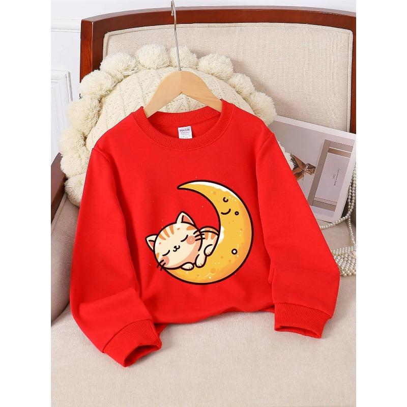 Crewneck Sweatshirt for Girls Featuring an Adorable Cat On a Moon In a Night Sky. It'S Machine Washable, Suitable for Spring And Autumn