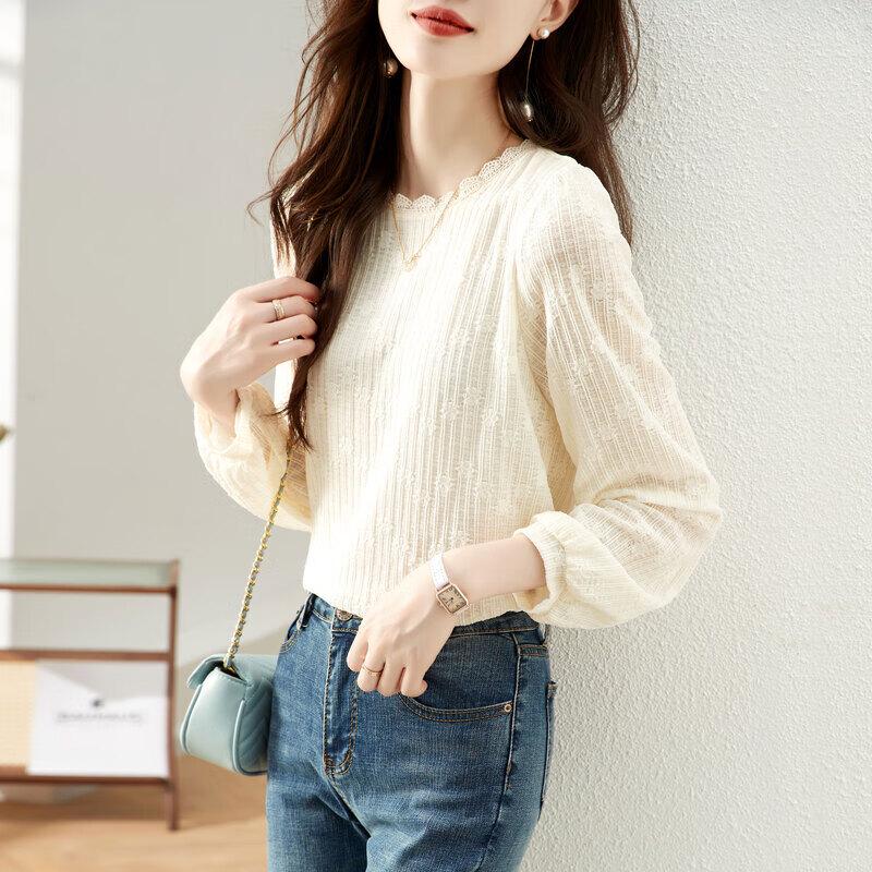 Women s Elegant Lace Long Sleeve Top L грязно-белый