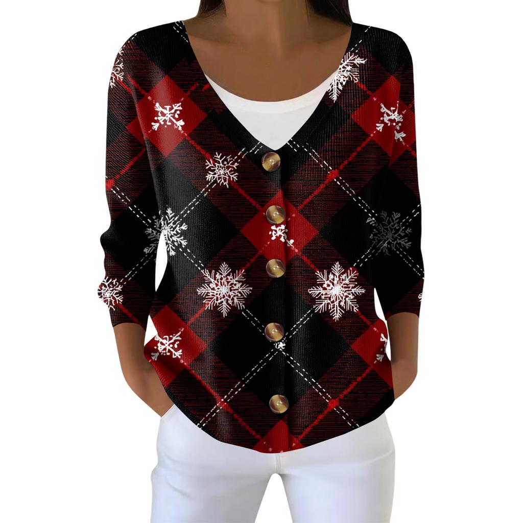 Women's Fashion Long Sleeve Christmas Snowman Snowflake Print Jacket Cardigan