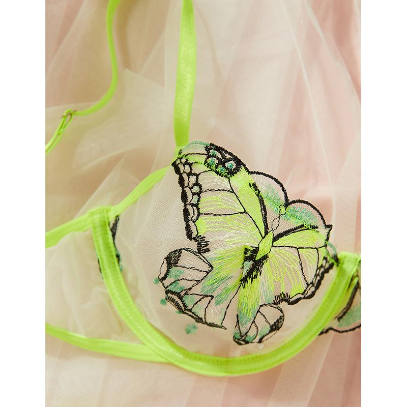 Green Butterfly Embroidery Lace Edge Seduction Perspective Print Lingerie Adult Bra Prom Queen