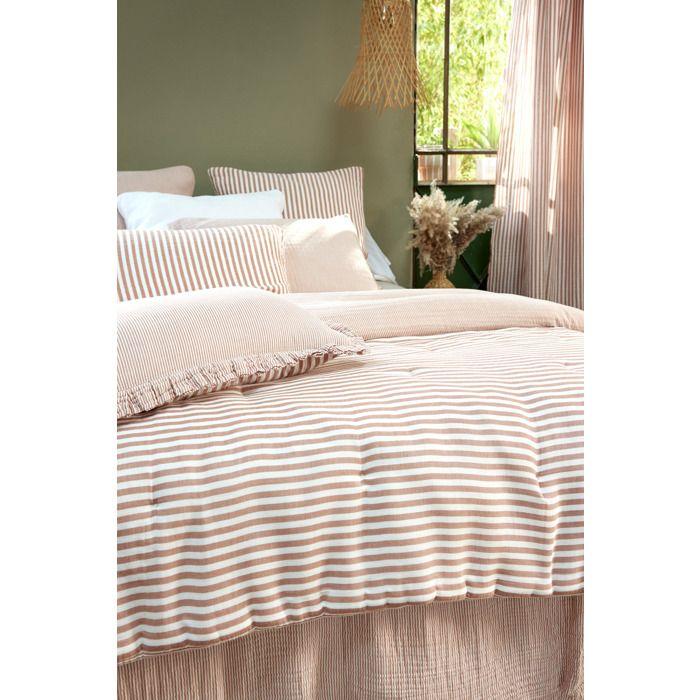 Bout de lit 90 x 200 cm en gaze de coton Romie a rayure abricot