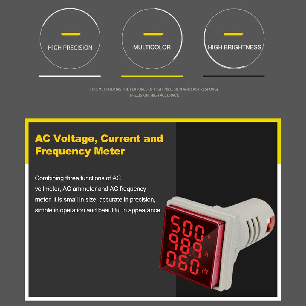 ThreeDigit Display AC Current Voltage Frequency 3in1 Indicator 22mm Square Head LED