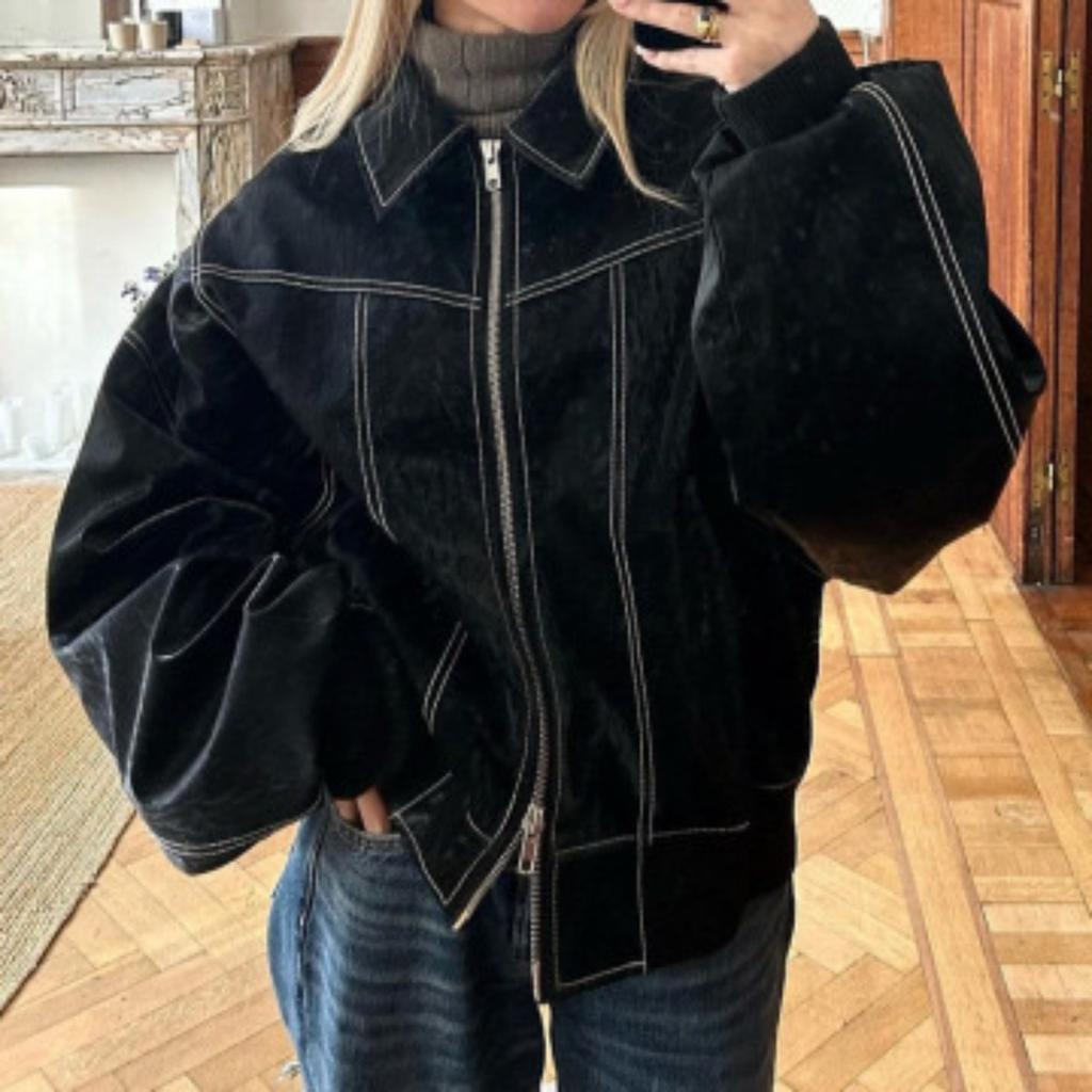 Wine Red Women Leather Jackets Fashion Lapel Long Sleeve Zipper Pockets Bomber Jacket Coats Lady Casual Outerwear