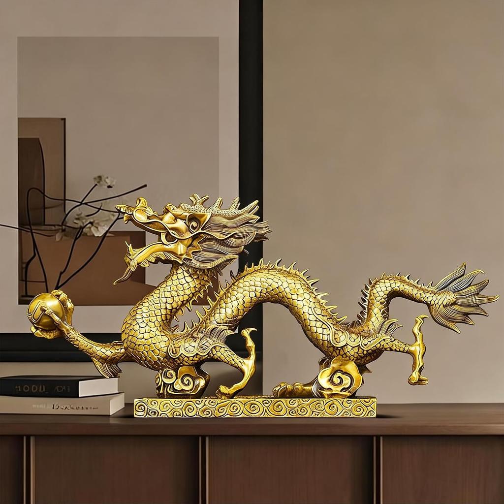 Aris & Juno Brass Prosperous Dragon Feng Shui Statue – Chinese Wealth & Prosperity Figurine for Entryway, Home Office Desk or Shelf Decor, Gift for