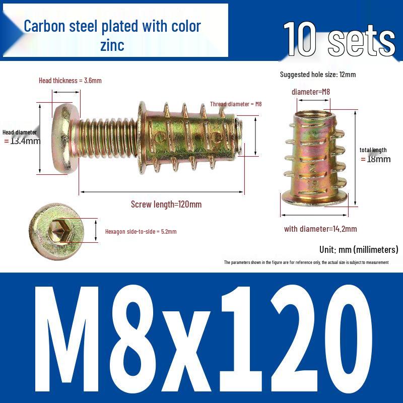 Flat Head Hex Socket Screws & Pre-embedded Nut Set for Wooden Bed Connectors