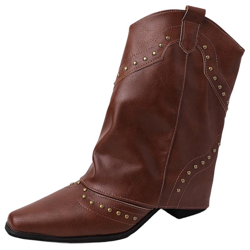 Fashion pointed leather boots thick heel temperament Martin boots retro European and American western cowboy boots rivet cigarette pipe boots pants