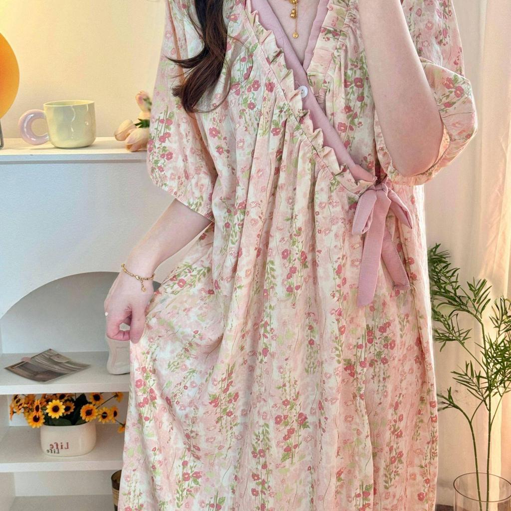 Elegant Monet Garden Short-Sleeve Women's Robe - Long Nightgown, Pajamas, Bathrobe, Loungewear, Cloud Cotton Round Neck