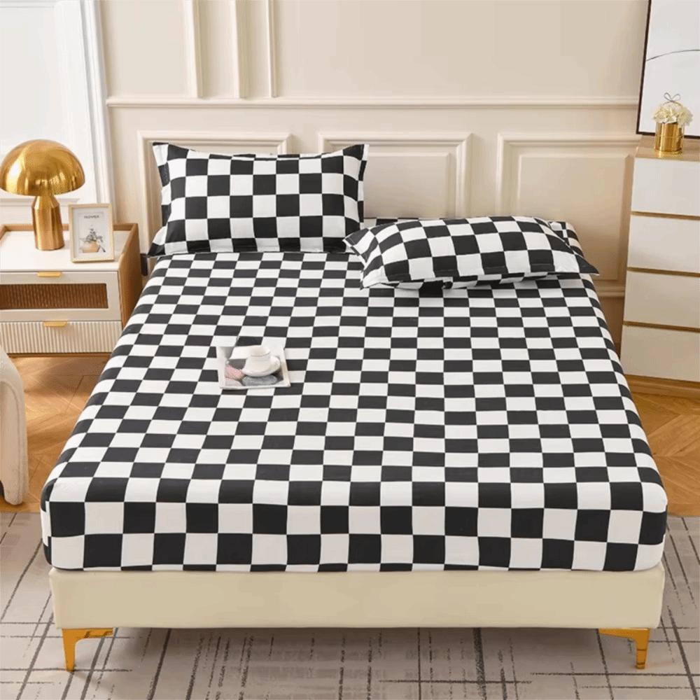 Checkered Pattern Fitted Bed Sheet Elastic Band Breathable Mattress Cover Washable All-inclusive Mattress Protector Bedroom
