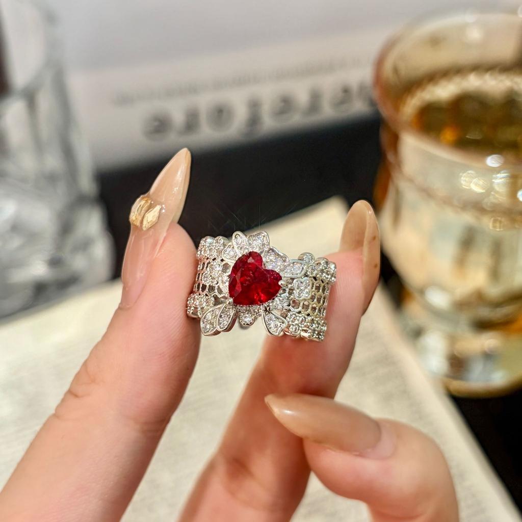 Light Luxury Delicate Pigeon Blood Ruby Ring Hollow Circumference Zircon Niche Personality Fashion Celebrity White Index Finger Ring