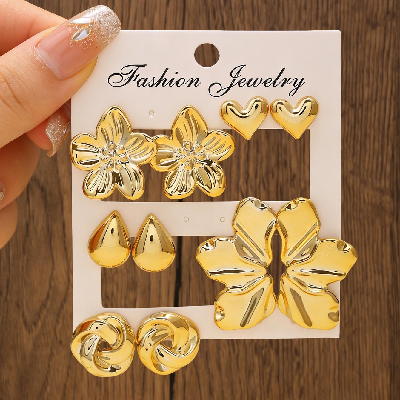 New gold stud earrings set, flower heart-shaped geometric various versatile earrings, trendy jewelry