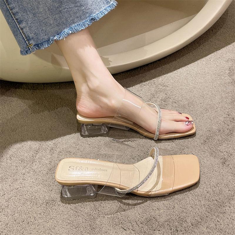 Rhinestone Transparent Cool Slippers Women's 2025 New Versatile Summer Medium Heel Thick Heel High Heel Fairy Style Sandals