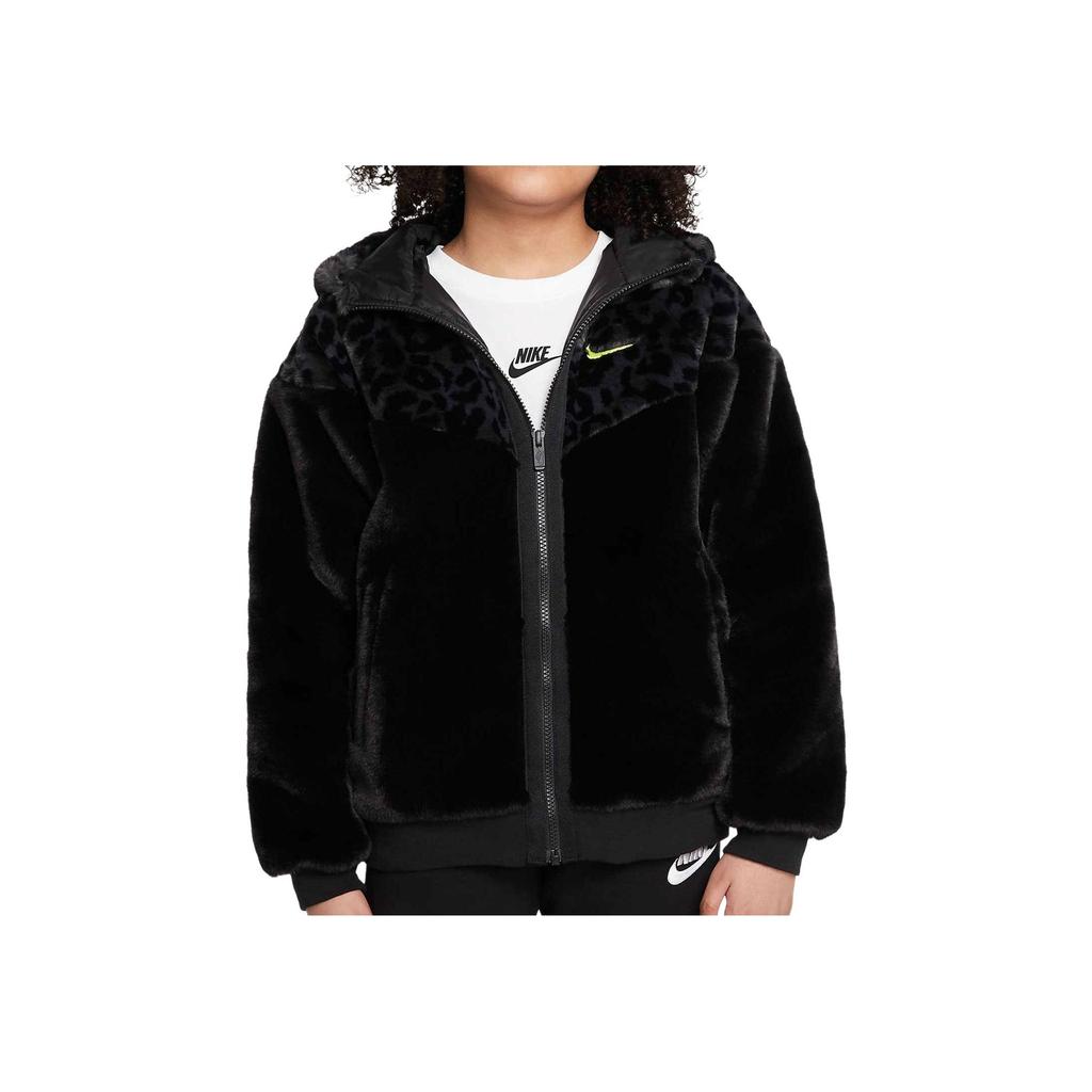 Nike Leopard Print Fleece-Lined Hooded Jacket Kids Outerwear Black DJ4408-010