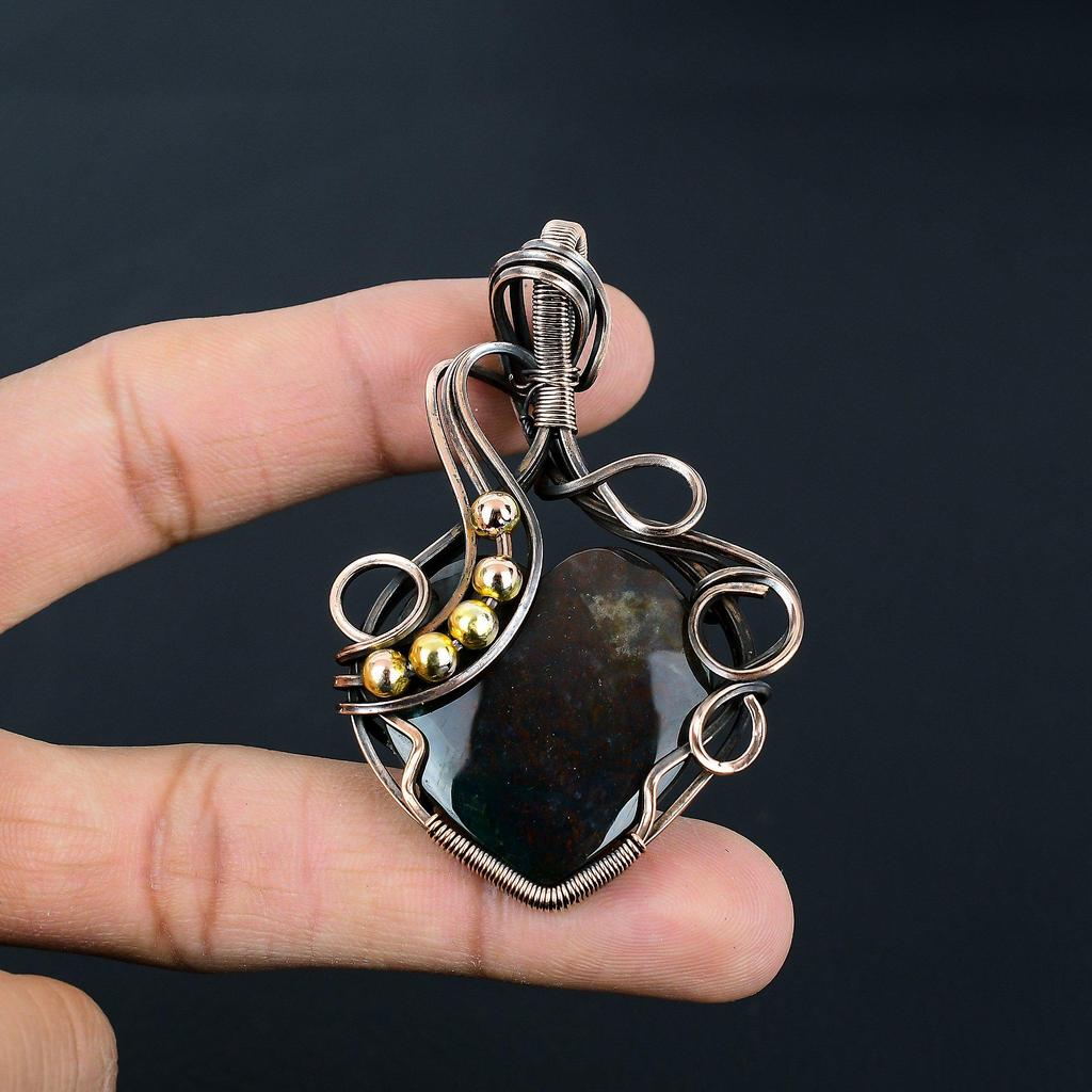Bloodstone Gemstone Handmade Pure Copper Wire Wrapped Pendant Jewelry For Women