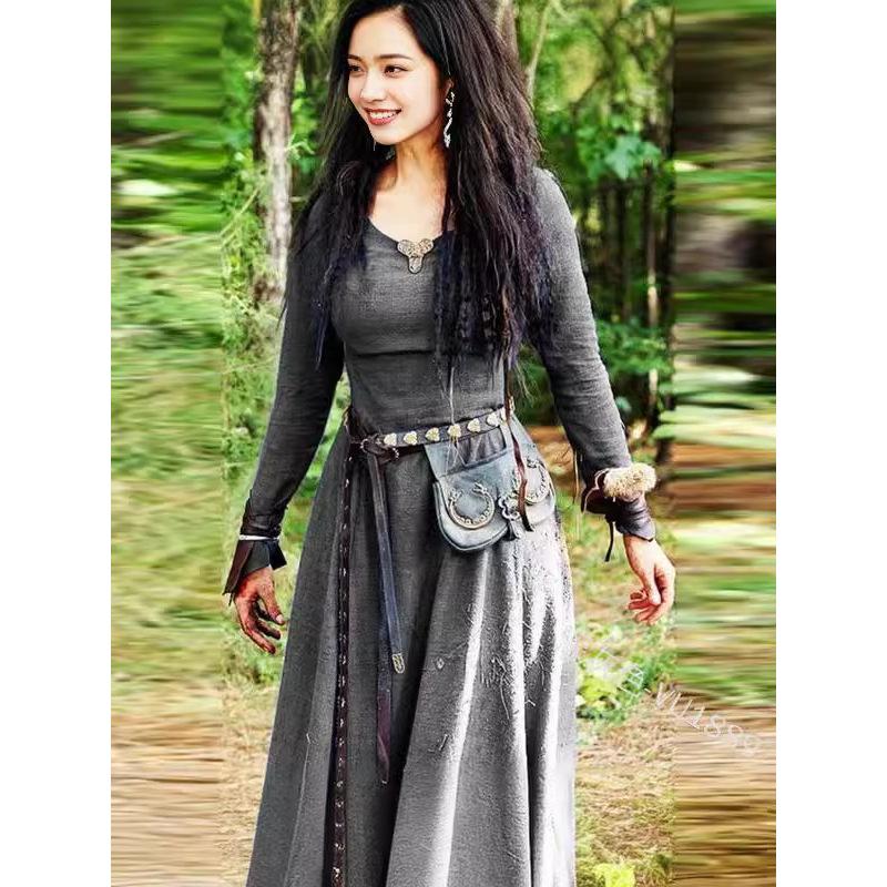 

Women s Solid Color Long Sleeve Round Neck Waist Ethnic Style Retro Long Dress Clothes Sale 5XL сірий