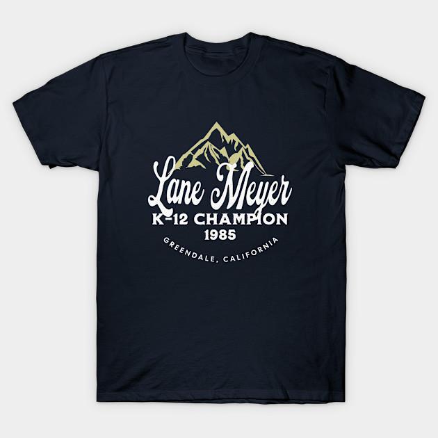 

Men Black Print T-shirt Lane Meyer K-12 Champion 1985 No-Cut Transfer Paper Print Cotton Tshirt XL Темно-синій