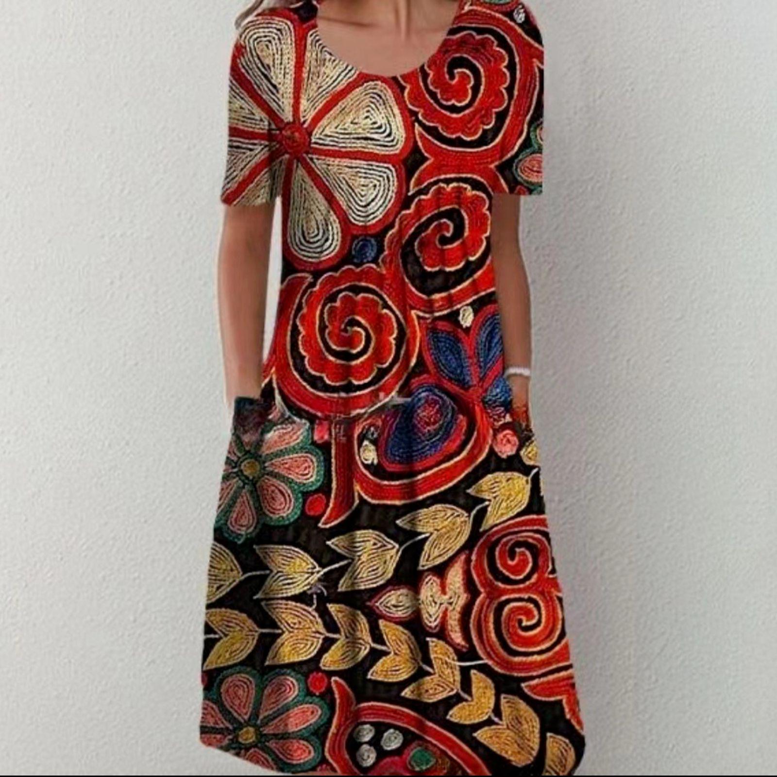 

2026 Women s Plus Size Maxi Dress - New Fashion Print, Round Neck, Short Sleeve 5XL