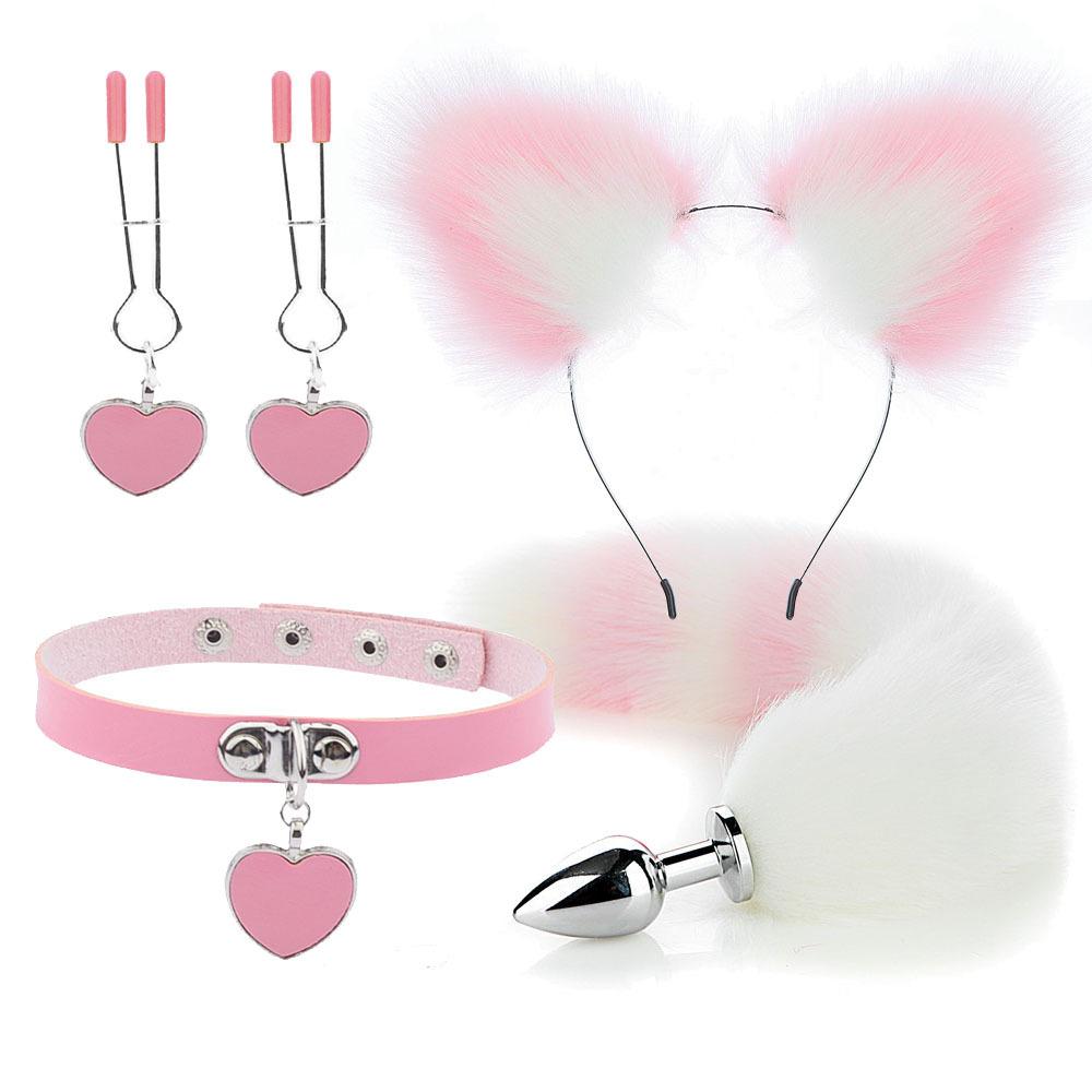 Anal Sex Toys Fox Tail Butt Plug Sexy Plush Cat Ear Headband With Bells Necklace Set Massage Sex Toys For Women Couples Cosplay