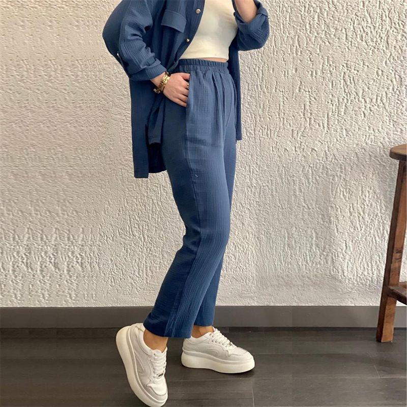 2024 Plus Size Women's Casual Crepe Loose Lapel Long Sleeve Shirt Set - European & American Style